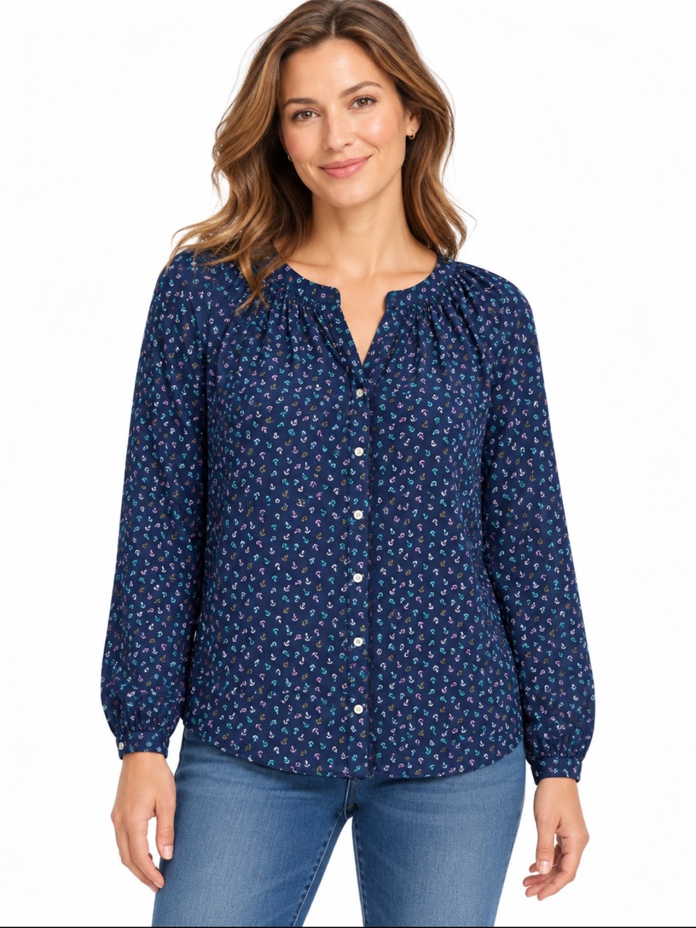 Talbots Navy Blue Anchor Print Button Front Tunic Blouse Long Sleeve Petite LP